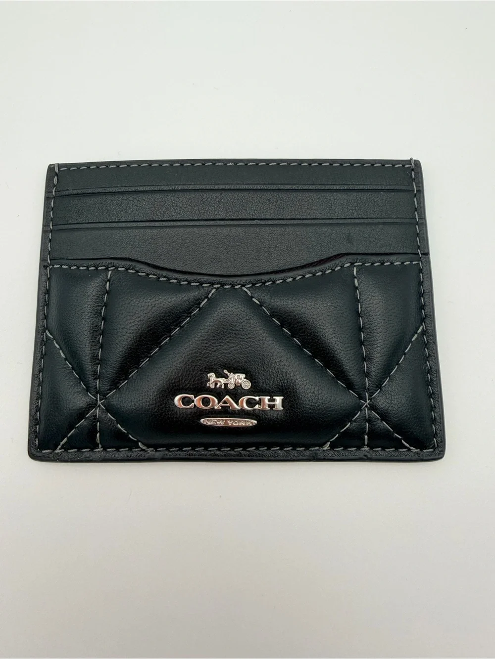 Coach Slim ID Puffy Black Quilted Leather Card Holder with Silver Logo CJ525